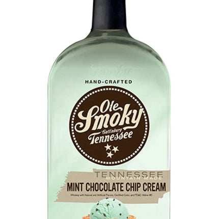 Bottle of Ole Smoky Mint Chocolate Chip Cream Tennessee Whiskey on a white background