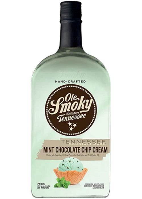 Bottle of Ole Smoky Mint Chocolate Chip Cream Tennessee Whiskey on a white background