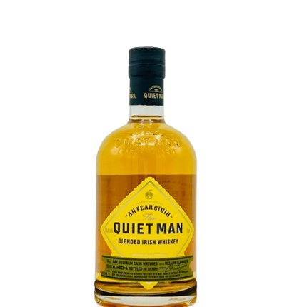 Bottle of Quiet Man Blended Irish Whiskey on a white background