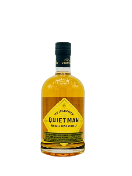 Bottle of Quiet Man Blended Irish Whiskey on a white background
