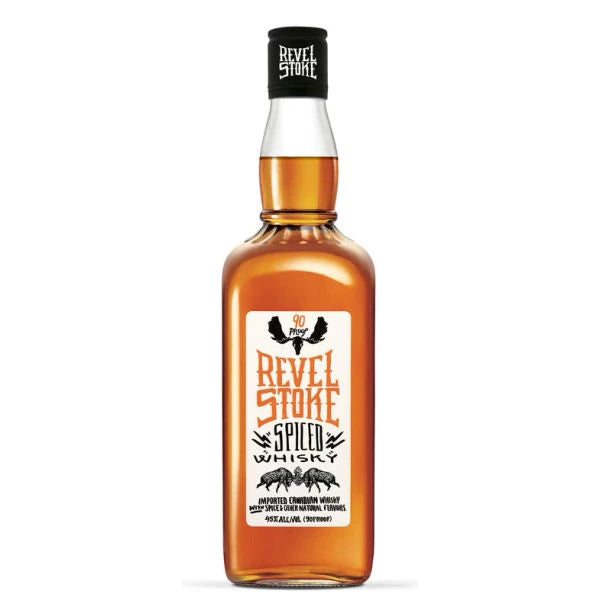 Bottle of Revel Stoke Spiced Whisky on a white background