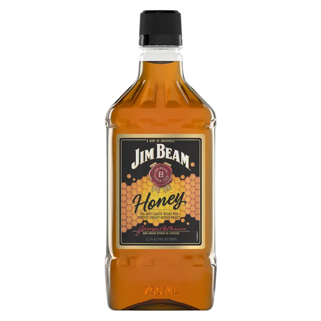 Bottle of Jim Beam Honey whiskey on a white background