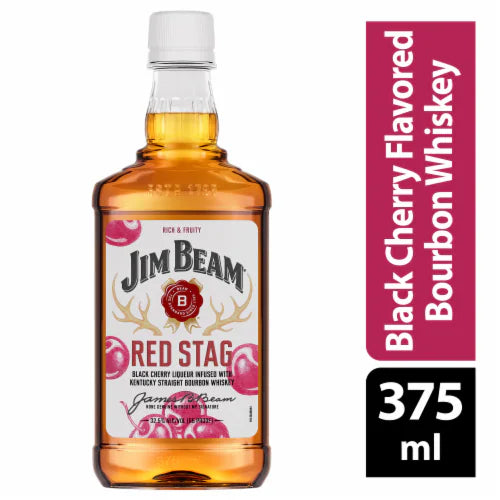 Jim Beam Red Stag Black Cherry Flavored Bourbon Whiskey bottle on a white background