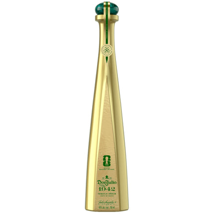 Gold tequila bottle with green accents on a white background