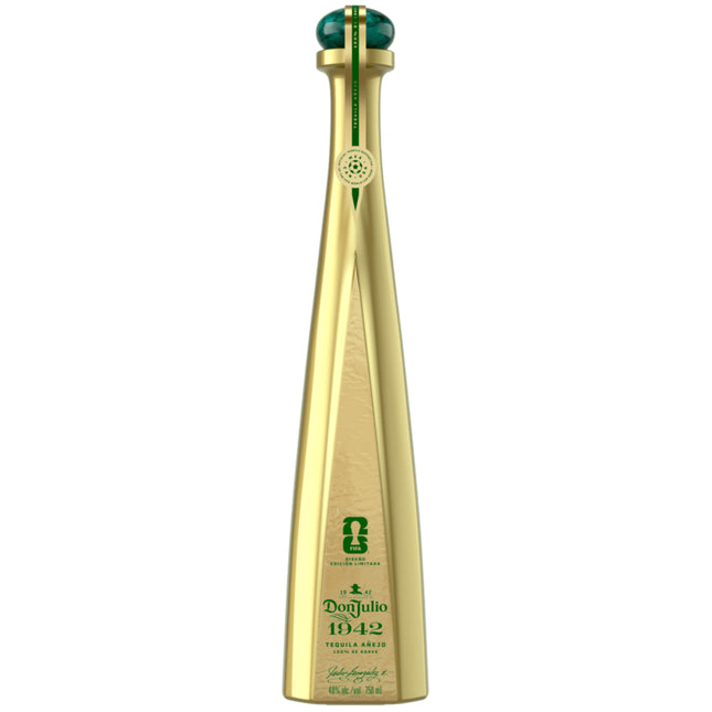 Gold tequila bottle with green accents on a white background