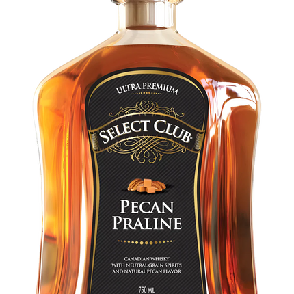 Bottle of Select Club Pecan Praline whiskey with a black label on a white background