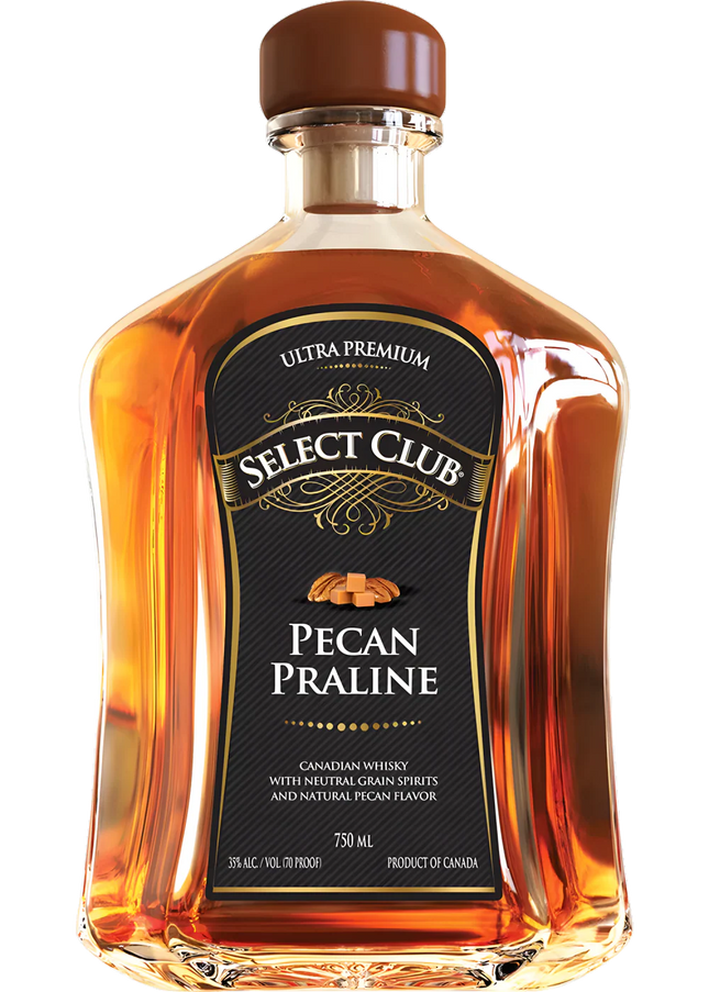Bottle of Select Club Pecan Praline whiskey with a black label on a white background