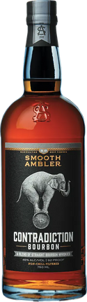 Bottle of Smooth Ambler Contradiction Bourbon with a black label featuring an elephant illustration.