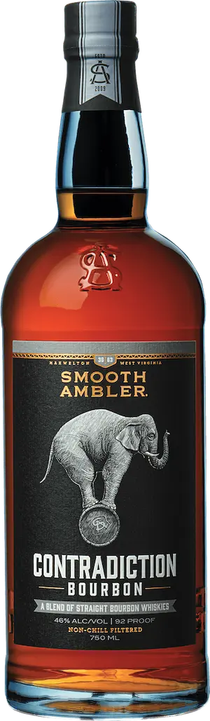 Bottle of Smooth Ambler Contradiction Bourbon with a black label featuring an elephant illustration.