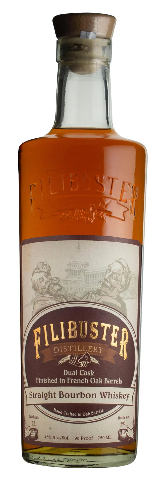 Bottle of Filibuster Straight Bourbon Whiskey on a white background
