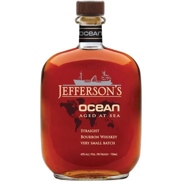Bottle of Jefferson's Ocean Aged at Sea bourbon whiskey on a white background