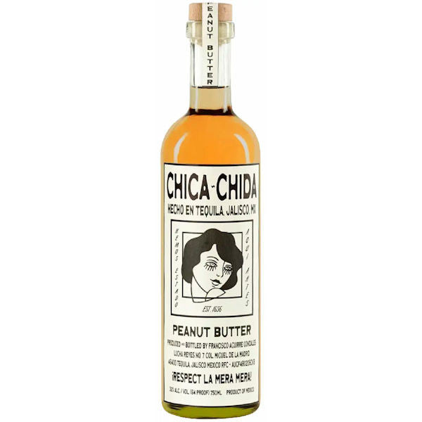 Bottle of Chica Chida peanut butter with a white label on a white background