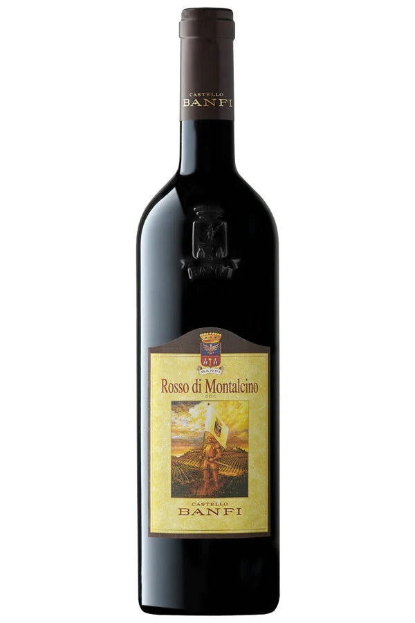Bottle of Rosso di Montalcino wine with a label featuring a vineyard scene on a white background.